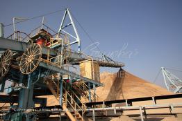 Image du Maroc Professionnelle de  Un agent de sécurité contrôle les installations du Stacker dans la Zone du stockage du phosphate lavé au complexe pétrochimique de Safi de L'Office chérifien des phosphates (OCP) datant des années 60. Dans cette unité on produit de l'acide phosphorique et des engrais. Le Groupe OCP est une société anonyme fondée en 1920 et domiciliée au Maroc. OCP S.A est le Leader mondial de l'industrie du phosphate, Mardi 28 Août 2007. (Photo / Abdeljalil Bounhar) 